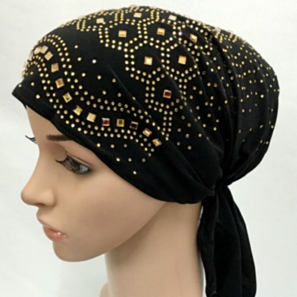 🌺 NEW BLACK & GOLD BLING TURBAN HEAD WRAP CAP HAT - Picture 2 of 6